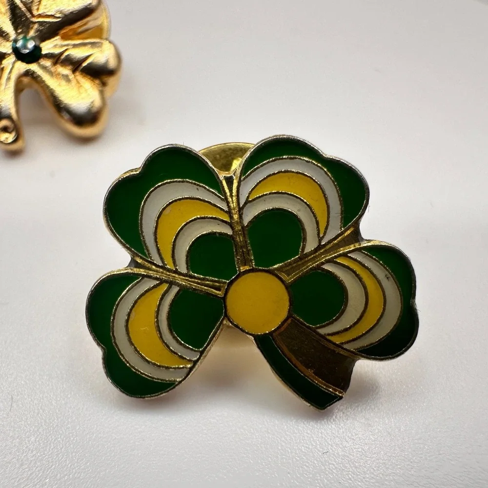 Vintage 90s Shamrock Lapel Pins Set Green Enamel Gold Tone Floral Rhinestone Y2K